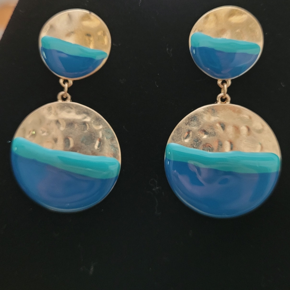 Post Double Circle Earrings Gold and Teal colored